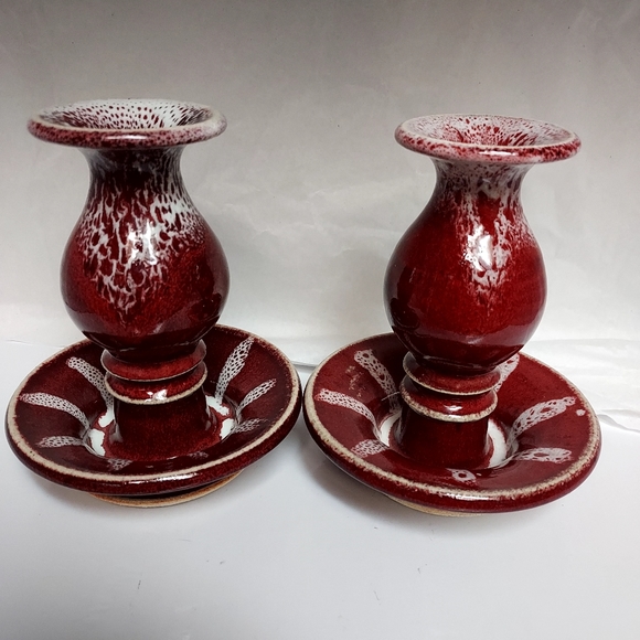 Vintage Pottery Candle Holders Set Of 2 Sign By The Artist MMS. - Picture 2 of 9